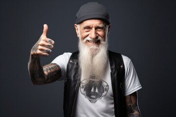 Stylish middle-aged man with silver hair, long beard, tattoos,
