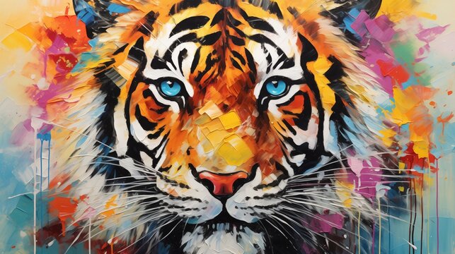 Animal head, portrait, art - Colorful abstract oil acrylic painting of colorful tiger, pallet knife on canvas. Print on canvas or download