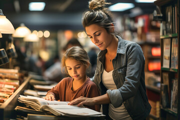 Mom and daughter looking at a book together in a bookstore. Looking to buy book. - obrazy, fototapety, plakaty