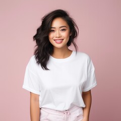 Fototapeta premium Asian woman wearing a white shirt Smiling with a cheerful expression pastel pink background