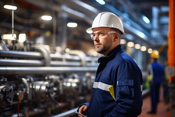 Engineers in central heating plants perform quality control and inspection of pipes and valves. - obrazy, fototapety, plakaty