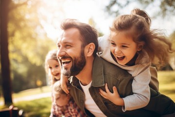 A heartwarming moment of a middle-aged, sun-kissed dad sharing a joyous laughter with his adorable kids on a sunny day at the park