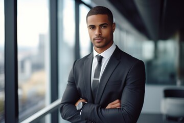 A biracial young man in a sharp suit, displaying his cufflinks while confidently standing in a modern office with panoramic cityscape views - Powered by Adobe