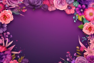 Frame with colorful flowers on purple background