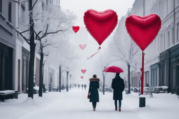 A couple walks through a snow-covered city with a heart-shaped balloon, rear view. The concept of celebrating Valentine's Day.