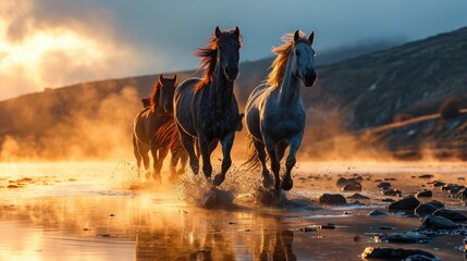 Group horse running on the lake