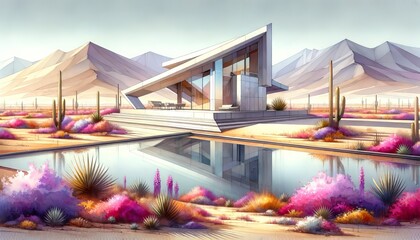 This watercolor painting features a modern desert house with large glass windows and vibrant flora.