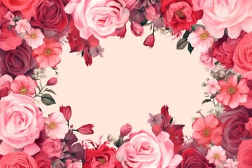 Frame with colorful flowers on rose background