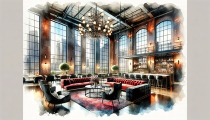 Obraz premium The image showcases a spacious and stylish interior in a watercolor art style. It's a large, well-lit room with tall windows, red and black seating, and a chic bar area.
