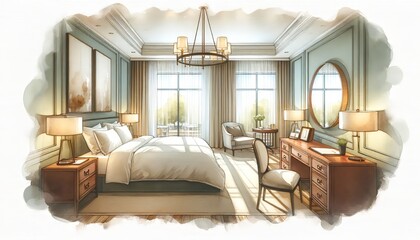 The image depicts a serene and elegant bedroom with watercolor art style. Sunlight bathes the room, highlighting a cozy bed, a sitting area, and tasteful furniture.