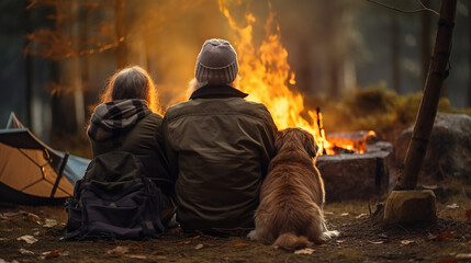 Senior couple with dog in the autumn forest