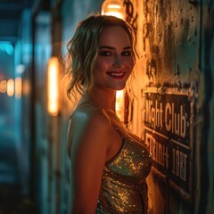 beauty smiling hot woman with golden dress in a night club