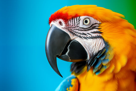 Close-up of a colorful macaw parrot with space for text