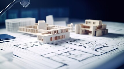 House model on construction drawings, Buleprint and Architect drawing equipment. Hand drawn Architect Design Concept