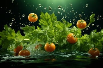 Obraz na płótnie Canvas 3D Render of Floating Fresh Vegetables, on an isolated Garden Green background, Generative AI