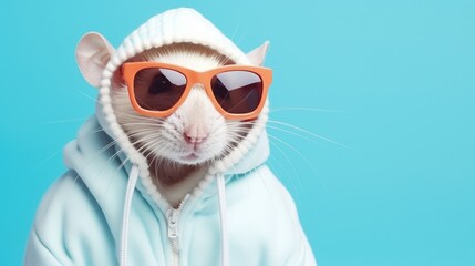 Funny stylist rat in a sweater and sunglasses isolated on a light blue background. AI generated - obrazy, fototapety, plakaty