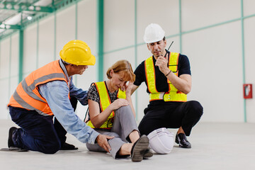 Senior adult engineer women faints sick health problem falling down accident at workplace team...