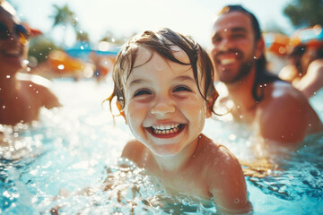 happy little boy in the pool of the water park against the background of other people close-up