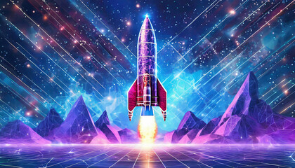 Abstract Rocket Launch. Digital Spaceship Flying Up Into Outer Space. Business Development,...
