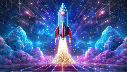 Abstract Rocket Launch. Digital Spaceship Flying Up Into Outer Space. Business Development, Boosting Concept. Low Poly Wireframe Vector Illustration on Technological Background. Polygonal banner
