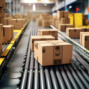 Efficient logistics a closeup view of cardboard boxes smoothly gliding on a conveyor belt in a warehouse fulfillment center, emphasizing automation. ai generative