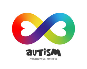 Infinity sign with two hearts in rainbow colors. Autism Awareness Month. Richness of the autistic spectrum. - obrazy, fototapety, plakaty