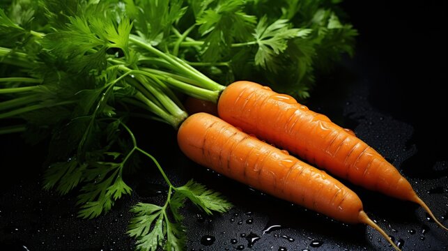 Fresh and ripe orange carrots with leaves on dark wooden table. AI generated image