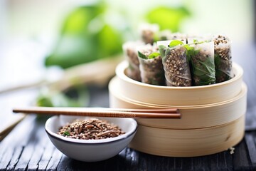 rolled flaxseed wraps in a bamboo steamer with steam visible - obrazy, fototapety, plakaty