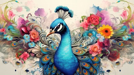 Blue peacock bird with feathers and flowers on vintage color background. AI generated image