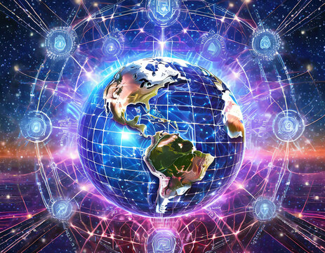 Communication technology for internet business. Global world network and telecommunication on earth cryptocurrency and blockchain and IoT. with 3D software
