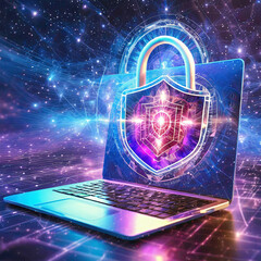 Cyber security and data protection. using laptop computer protecting business and financial data with virtual network connection. Innovation technology develop