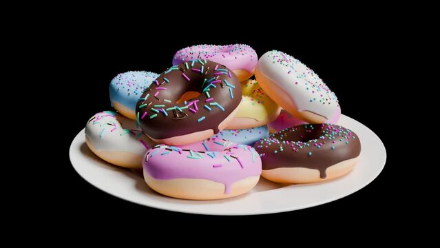 Pink Yellow Blue White Brown Donuts with Sprinkles Rotating on a White Plate on a Black Background. Seamless Loop of Doughnuts spinning. 3d Rendered Animation of Pastry and Confectionery