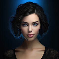 Fashion-forward generative AI image showcasing a woman with black hairstyle and alluring blue eyes, embodying beauty and trendiness. ai generative