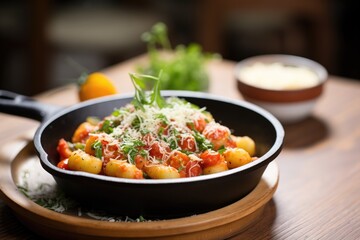 gnocchi in a pan with tomato sauce and cheese