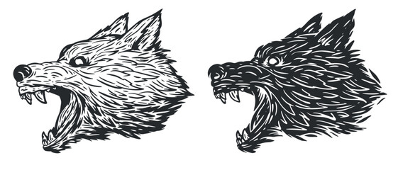 Angry wolf or dog head in hand draw vintage style. Monochrome illustration for tattoo, mascot, emblem. Vector illustration. - obrazy, fototapety, plakaty