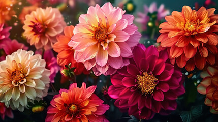 A vibrant tapestry of full-bloom dahlia flowers, their radiant petals showcasing nature's palette in a dazzling array of pinks and oranges © Bartek