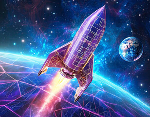 Digital rocket flies in orbit of planet Earth. Abstract light technological background. Spaceship in outer cosmos. Low poly wireframe vector illustration with 3D effect. Polygonal science art
