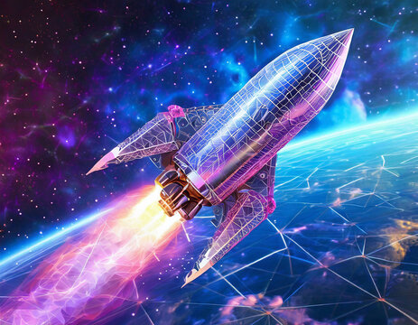 Digital rocket flies in orbit of planet Earth. Abstract light technological background. Spaceship in outer cosmos. Low poly wireframe vector illustration with 3D effect. Polygonal science art - Powered by Adobe