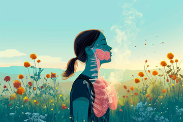 illustration of a teenage girl with lungs breathing, respiratory system, in nature