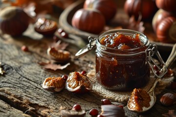 chestnut jam texture, glass jar with jam, nuts