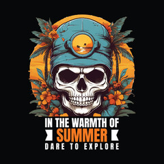 Skull summer beach t shirt graphic design, hand drawn line style with digital color, vector illustration