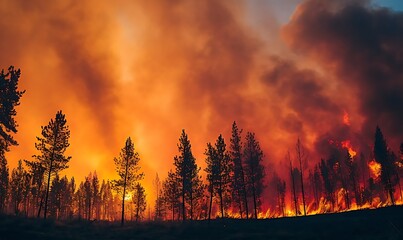 Forest fire in front of huge fire in ed freeman style, impressive panorama. Generative Ai
 - obrazy, fototapety, plakaty
