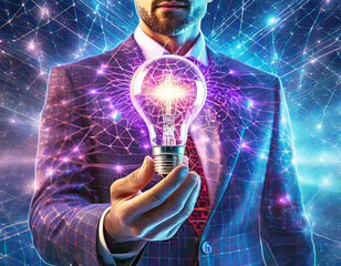 Hand businessman holding light bulb with mesh light line.future technology,Alternative energy,idea,saving electricity innovation and inspiration