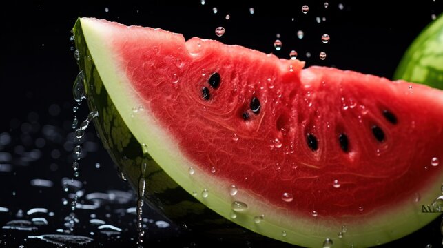 Fresh fruit watermelon slice with water splash isolated on black background. AI generated image