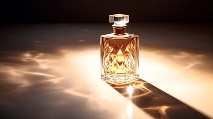 3D a gold bottle of perfume, still life, backlight background, hyperrealism - obrazy, fototapety, plakaty