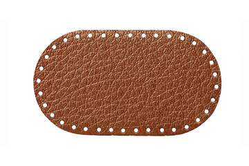 Brown leather belt strap closeup isolated on white. Brown stitched leather seam frame label tag...