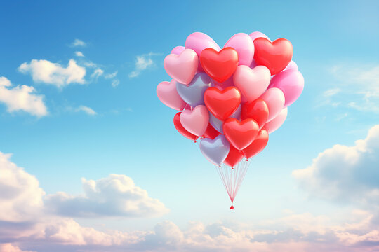 Heart shape balloons floting on the sky. Valentine's Day wallpaer and background concept