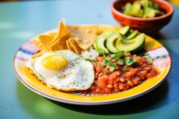 Fototapeta na wymiar fried eggs on salsa with a side of beans and avocado slices