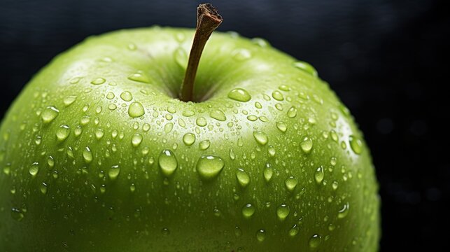 Fresh and ripe green apple fruit with drops water on wooden table dark background. AI generated image