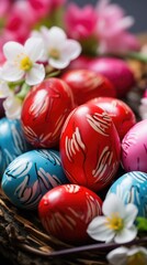 Fototapeta na wymiar Colorful Easter festive background with painted eggs close up